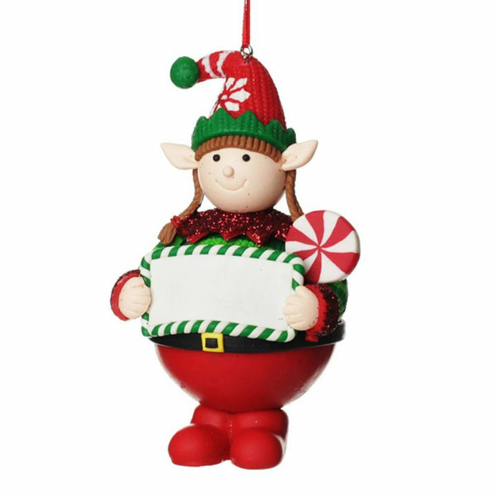 Girl Elf with Lollipop Christmas Ornament with blank plaque ready for personalisation
