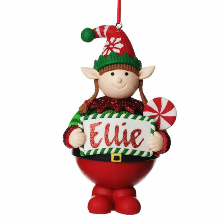 Personalised Girl Elf with Lollipop Christmas Ornament with name in red glitter calligraphy