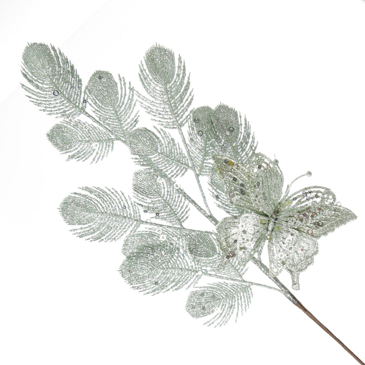 Sage Glitter Feathers with Butterfly Spray Pick