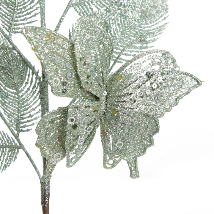 Sage Glitter Feathers with Butterfly Spray Pick