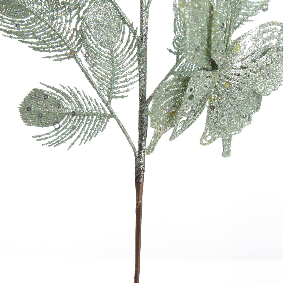 Sage Glitter Feathers with Butterfly Spray Pick