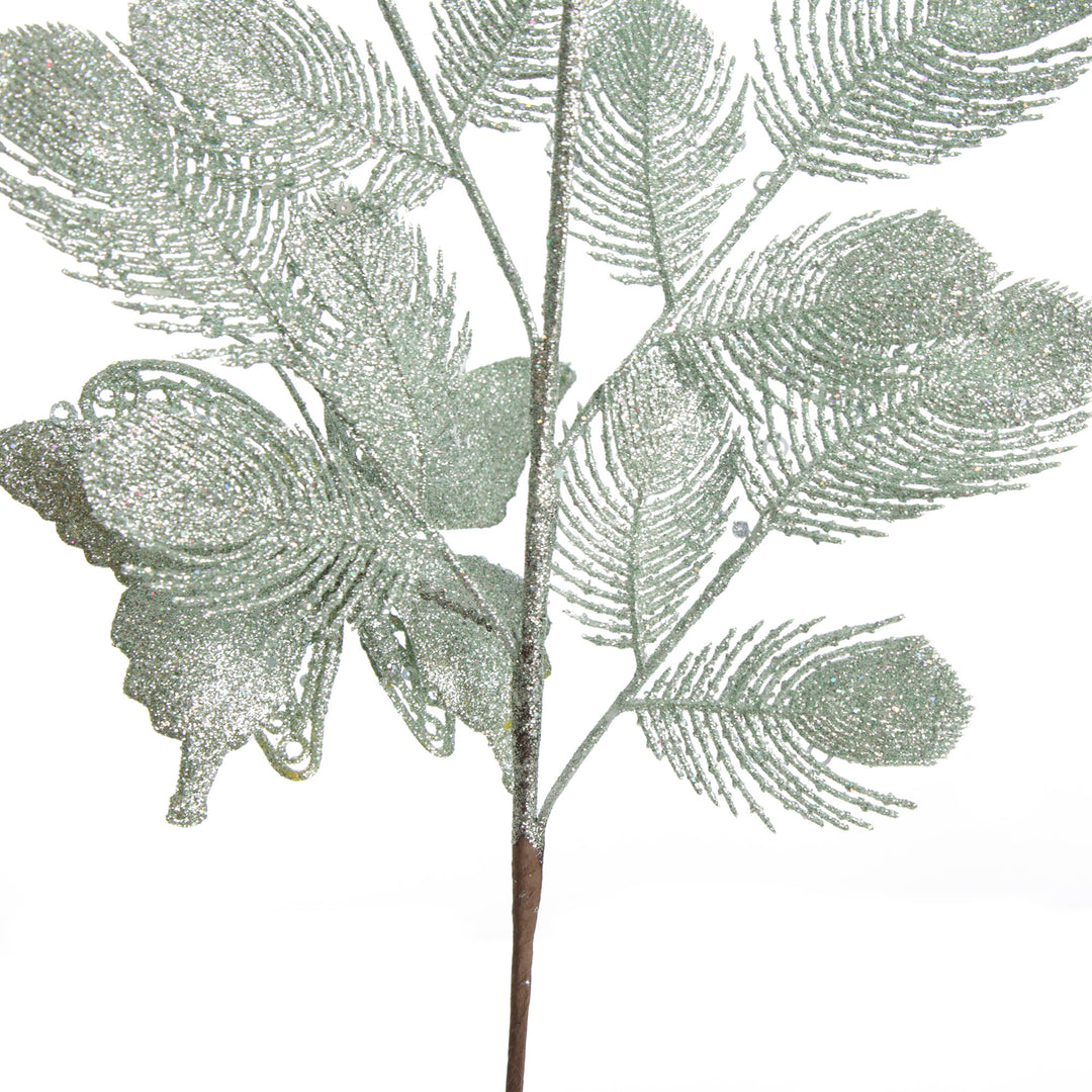 Sage Glitter Feathers with Butterfly Spray Pick