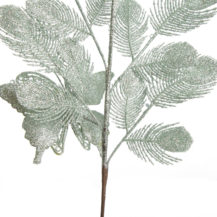 Sage Glitter Feathers with Butterfly Spray Pick