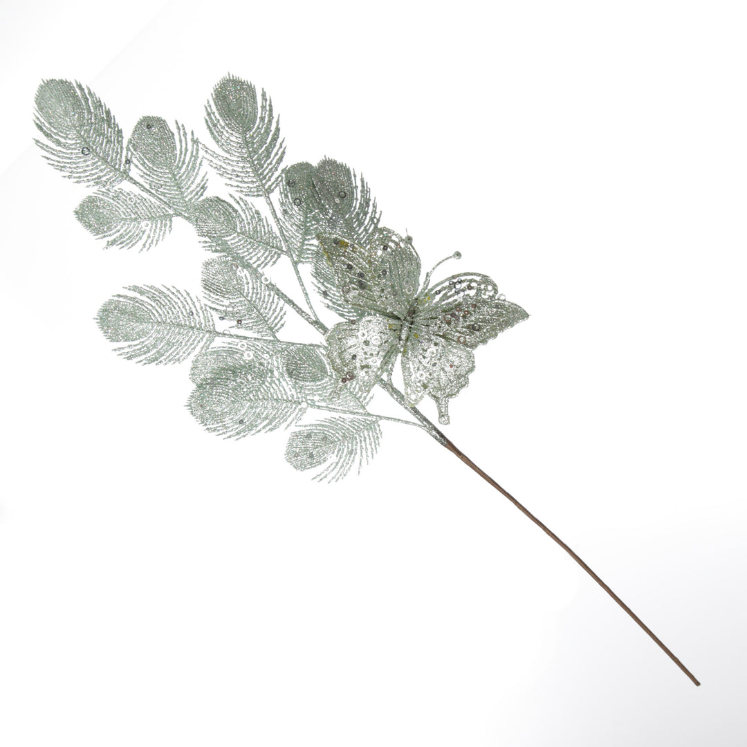 Sage Glitter Feathers with Butterfly Spray Pick