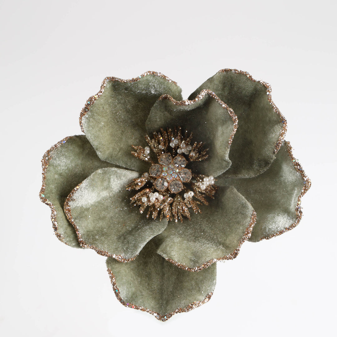 Sage Green Velvet Magnolia Flower Clip with Gold Glitter