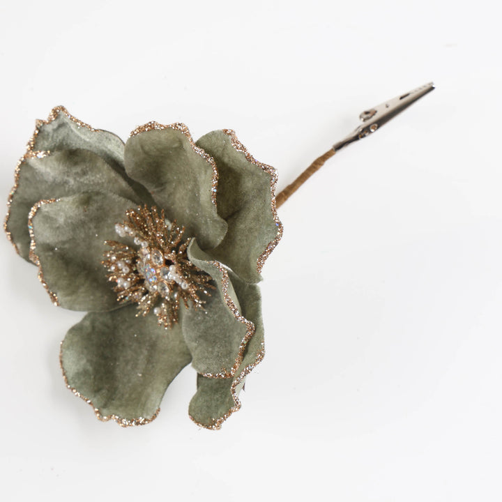 Sage Green Velvet Magnolia Flower Clip with Gold Glitter