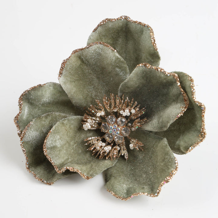 Sage Green Velvet Magnolia Flower Clip with Gold Glitter