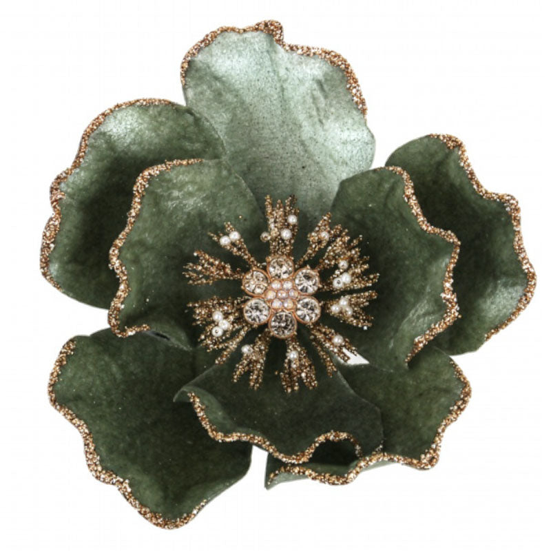 Sage Green Velvet Magnolia Flower Clip with Gold Glitter
