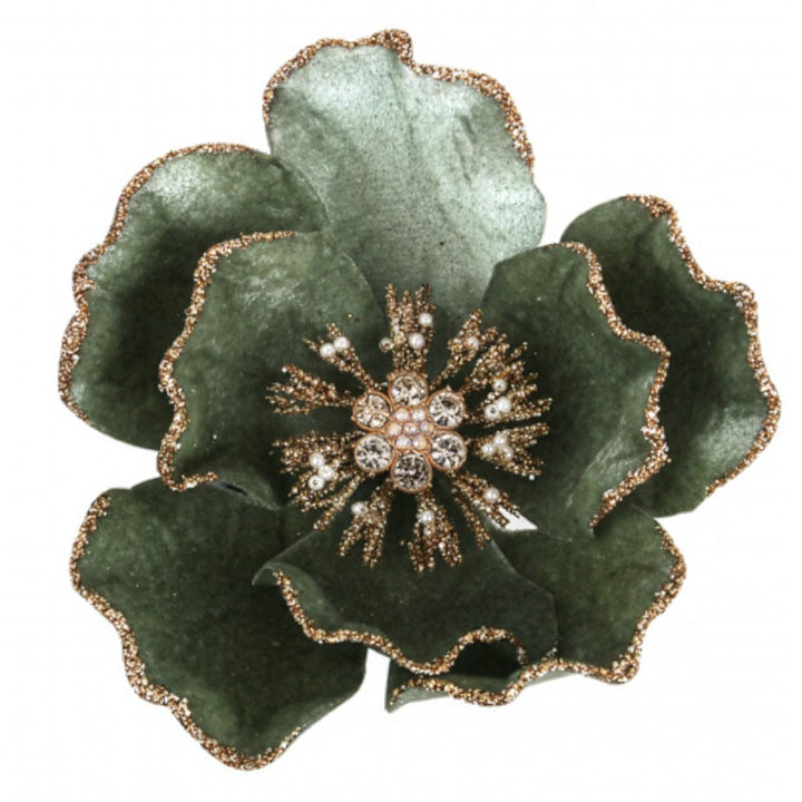 Sage Green Velvet Magnolia Flower Clip with Gold Glitter