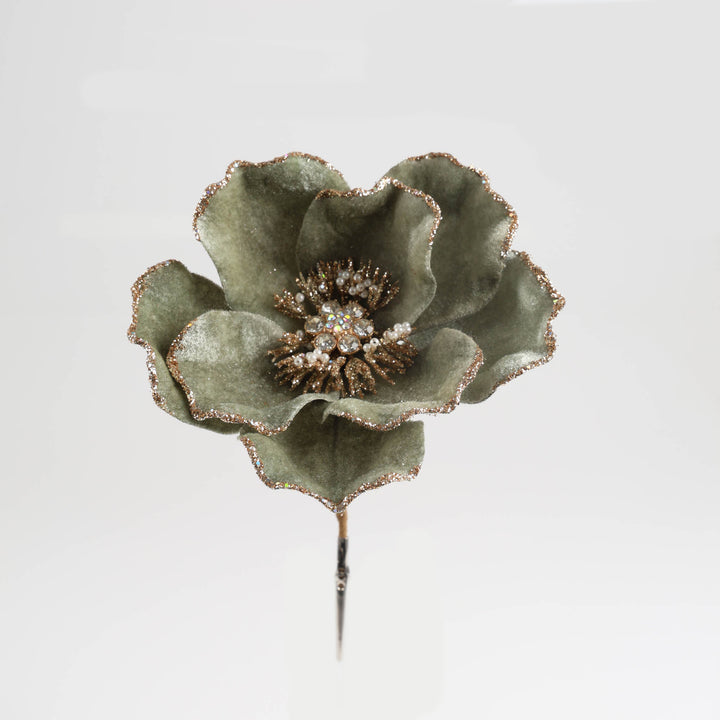 Sage Green Velvet Magnolia Flower Clip with Gold Glitter