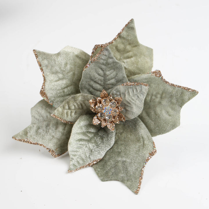 Sage Green Velvet Poinsettia Flower Clip with Gold Glitter
