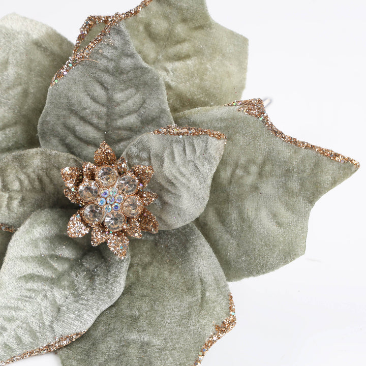 Sage Green Velvet Poinsettia Flower Clip with Gold Glitter