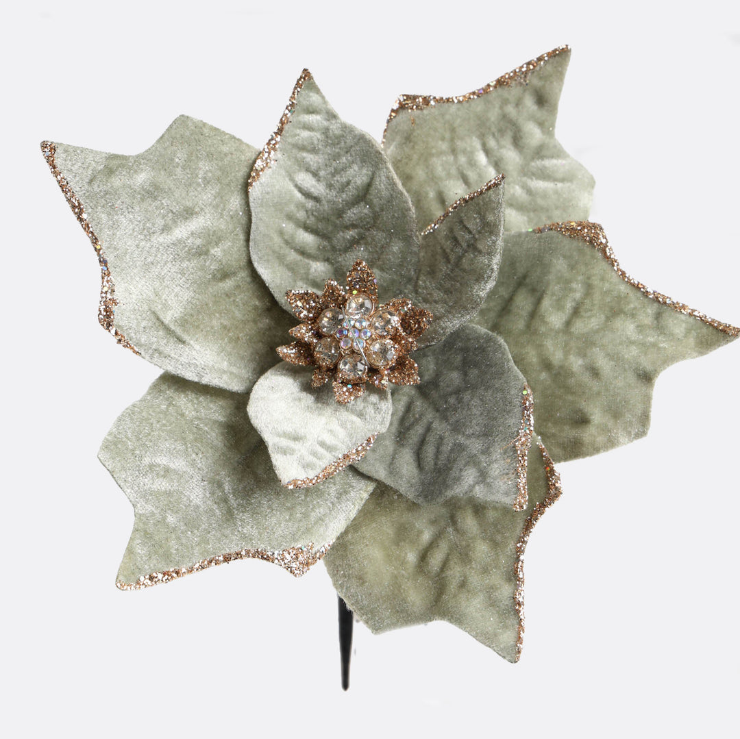 Sage Green Velvet Poinsettia Flower Clip with Gold Glitter