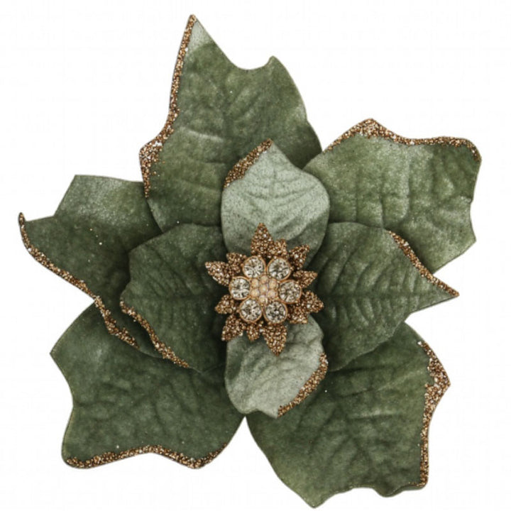 Sage Green Velvet Poinsettia Flower Clip with Gold Glitter