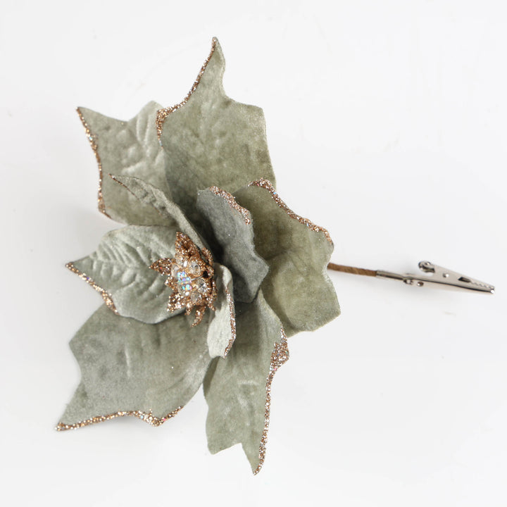 Sage Green Velvet Poinsettia Flower Clip with Gold Glitter