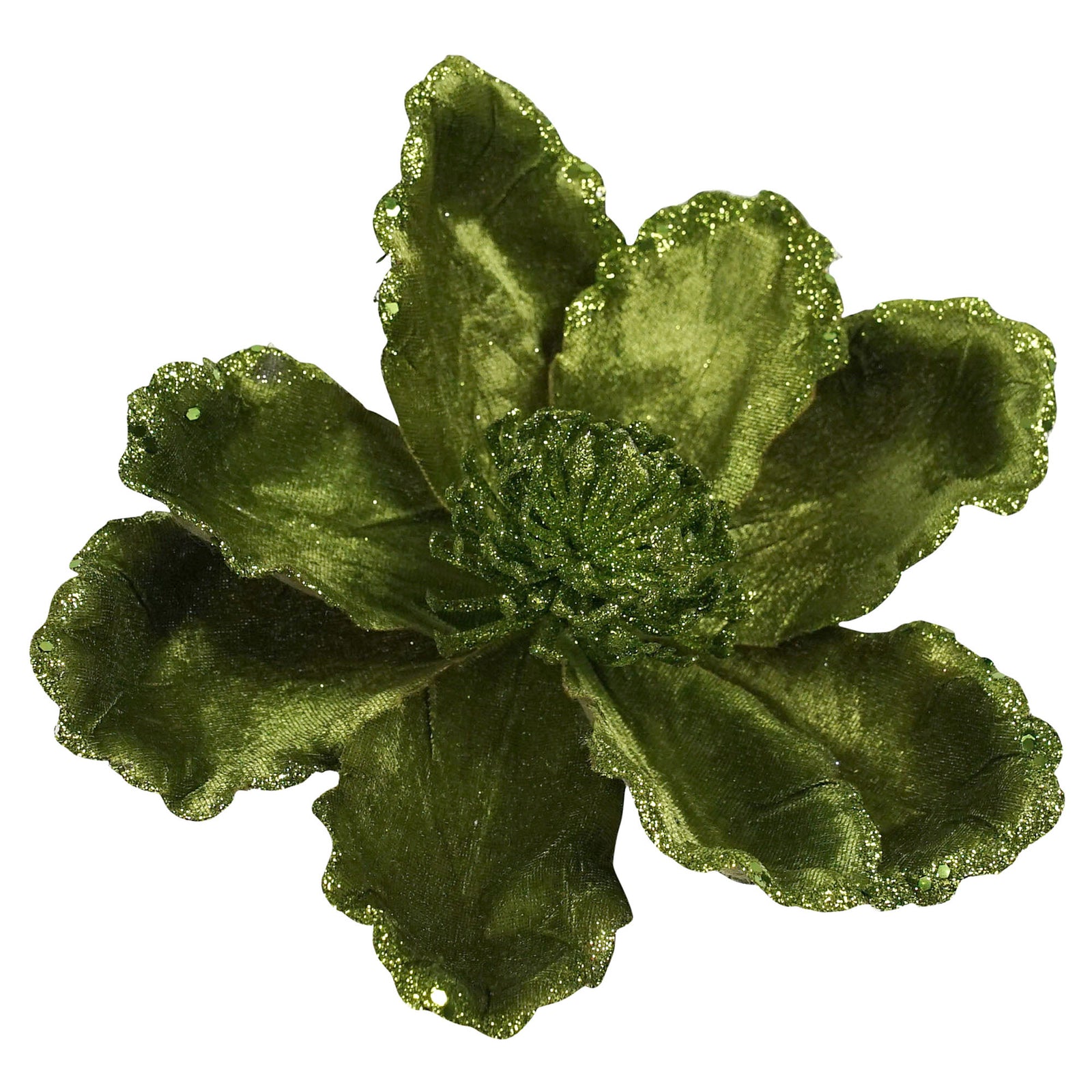 Sage Velvet Magnolia Flower with Green Glitter Edge
