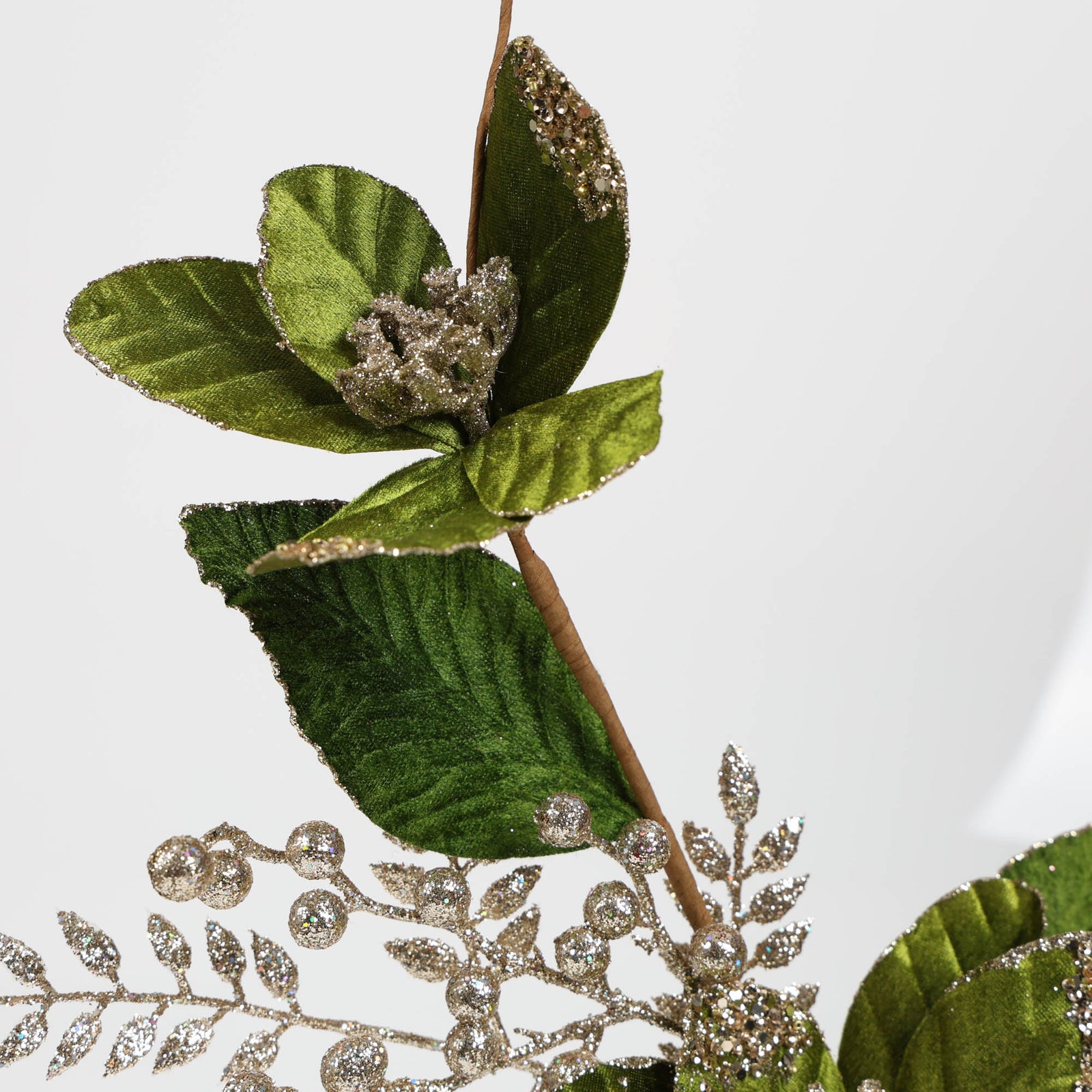 Green Velvet Magnolia Spray with Gold Glitter Berries