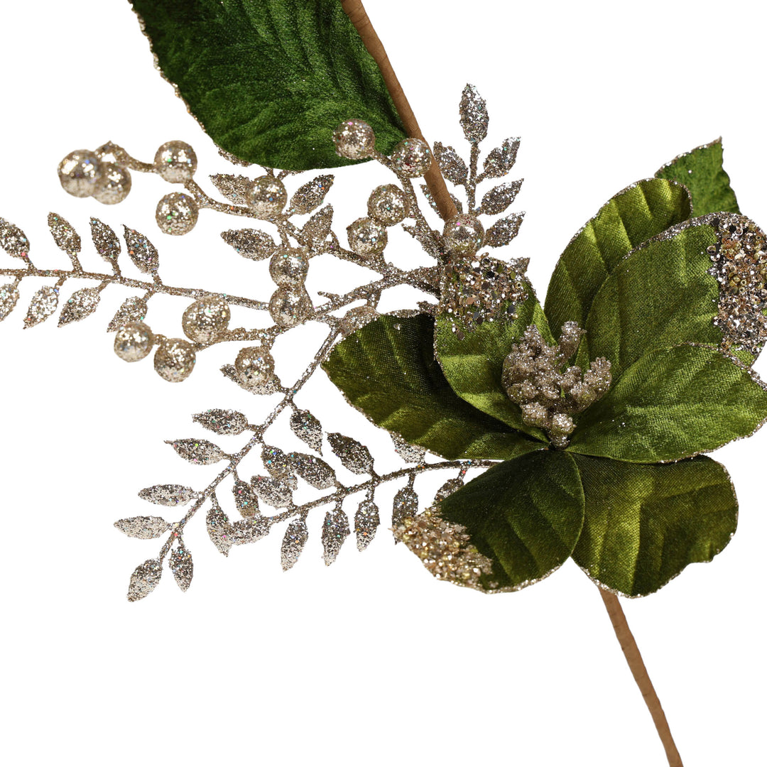 Green Velvet Magnolia Spray with Gold Glitter Berries