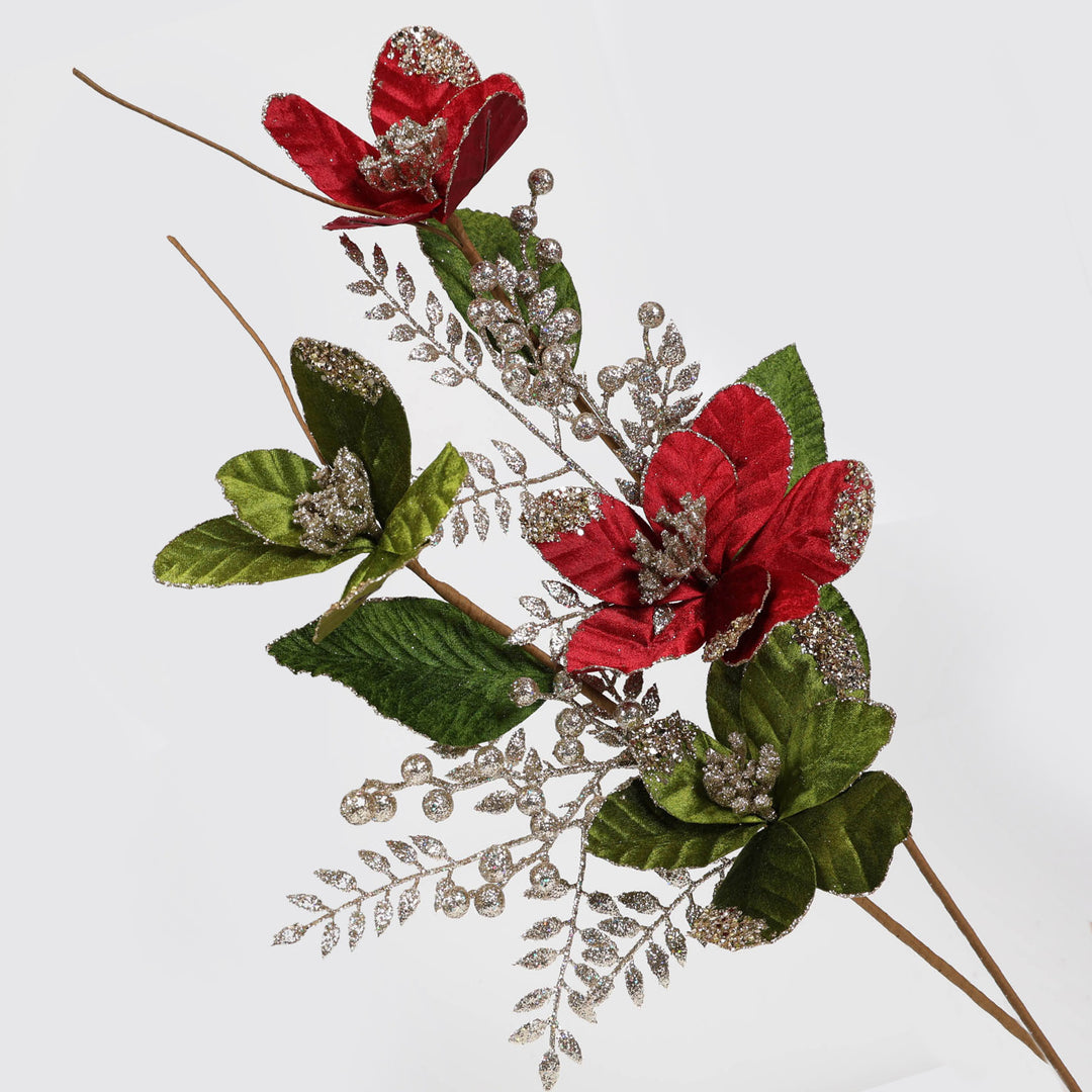 Green Velvet Magnolia Spray with Gold Glitter Berries