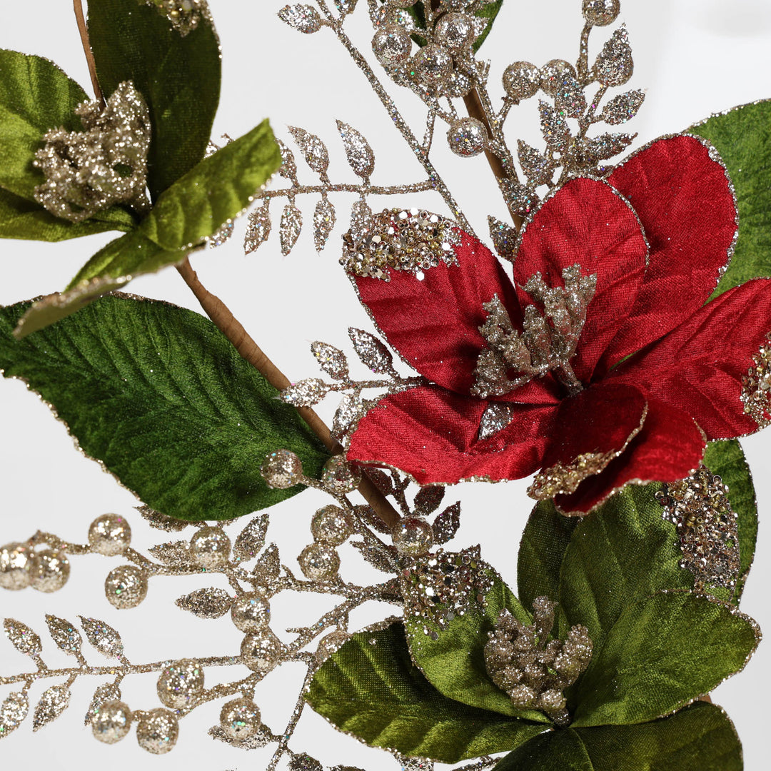 Green Velvet Magnolia Spray with Gold Glitter Berries