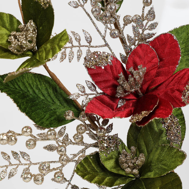 Green Velvet Magnolia Spray with Gold Glitter Berries