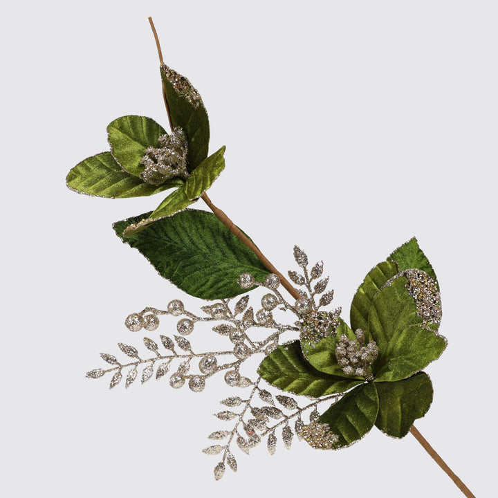 Green Velvet Magnolia Spray with Gold Glitter Berries