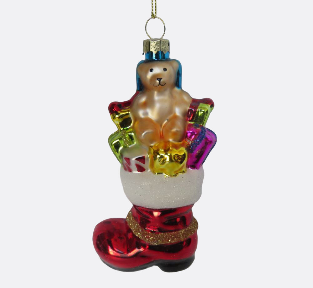 Santa Boot with Teddy - Glass Hanging Decoration