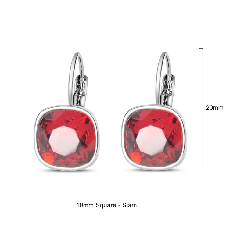 Siam Swarovski Square Stone in Rhodium - French Clip Earrings