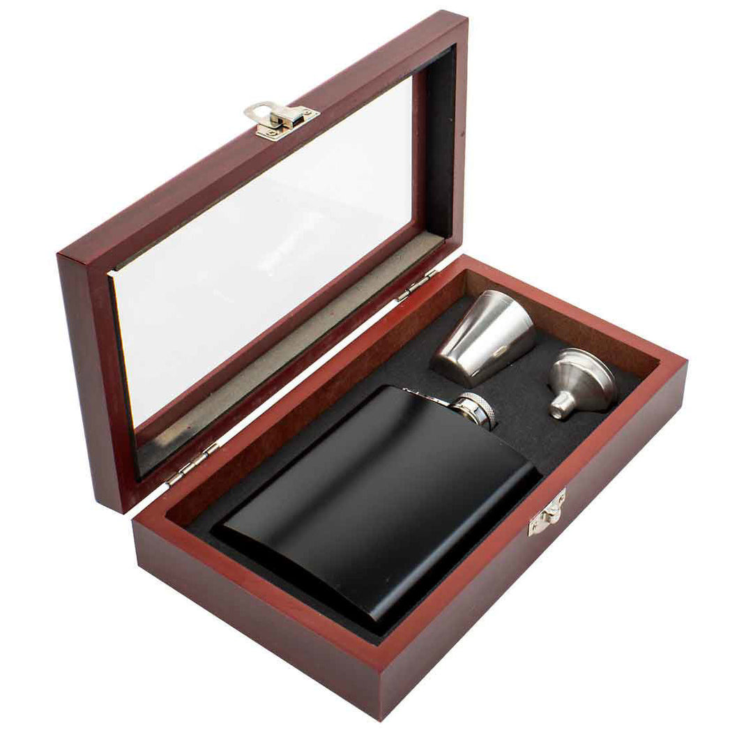 Personalised Any Age Birthday Hip Flask Set Wooden Gift Box
