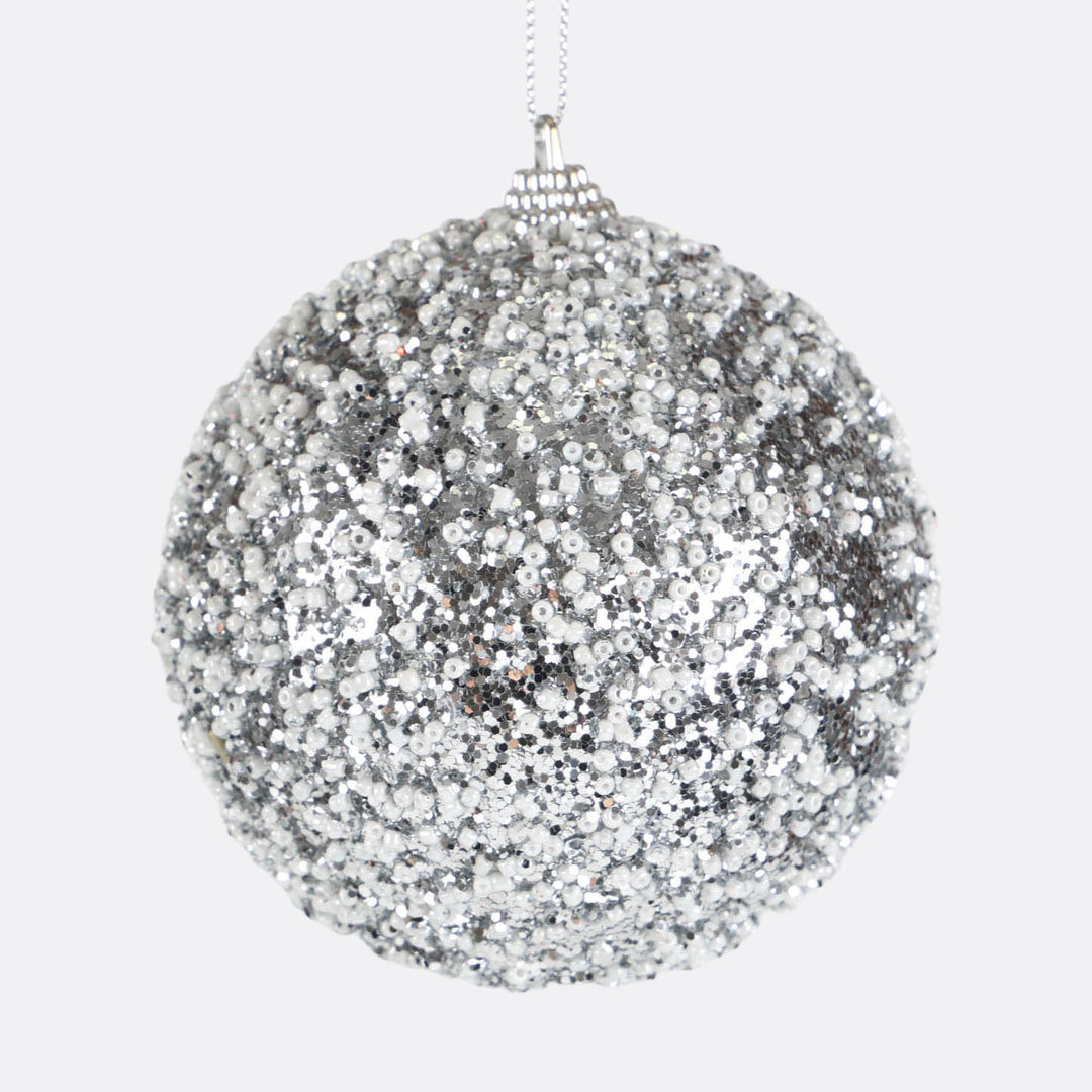Silver and White Frosted Beaded Bauble - Set of 4 - 10cm