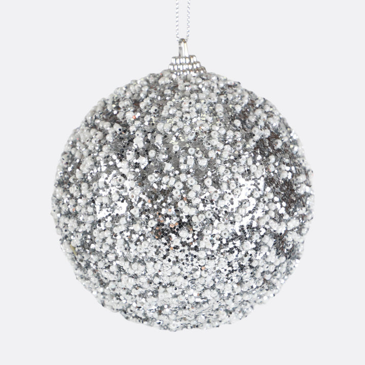 Silver and White Frosted Beaded Bauble - Set of 4 - 10cm