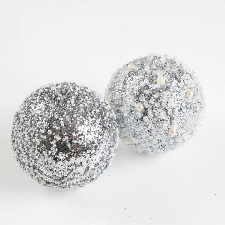 Silver and White Frosted Beaded Bauble - Set of 4 - 10cm