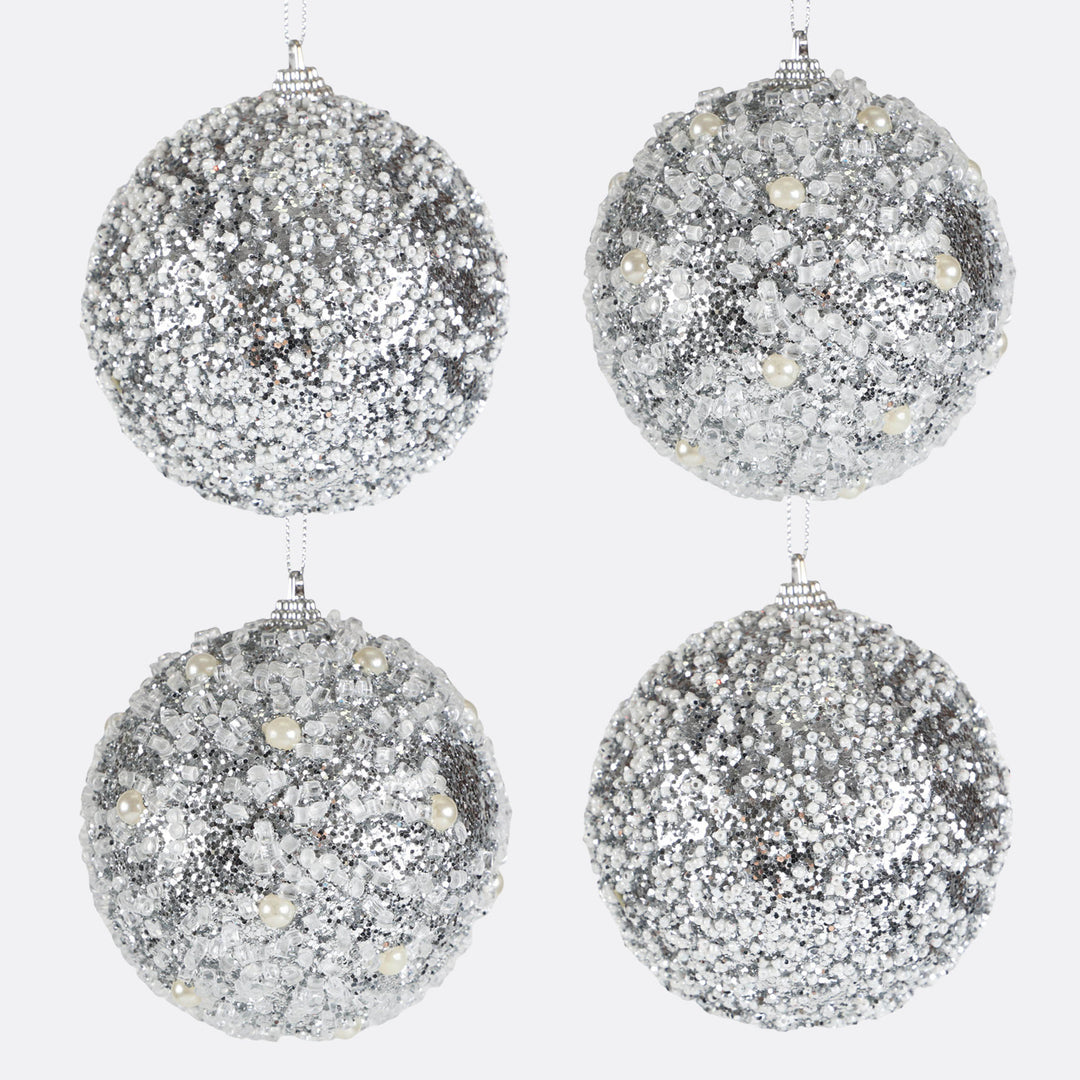 Silver and White Frosted Beaded Bauble - Set of 4 - 10cm