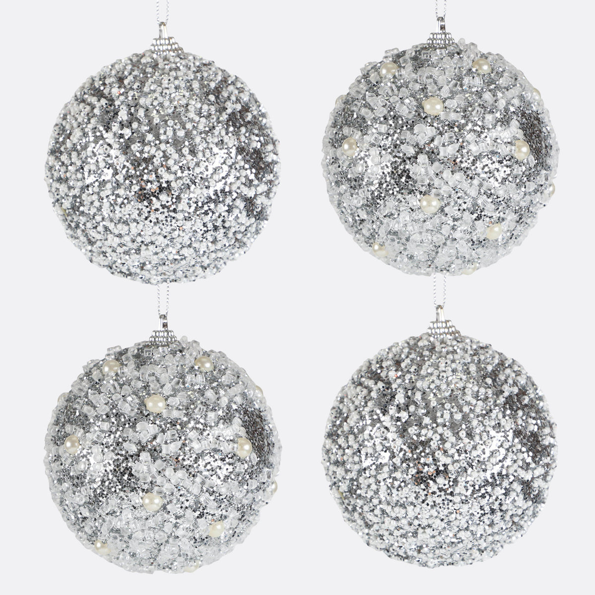 Silver and White Frosted Beaded Bauble - Set of 4 - 10cm