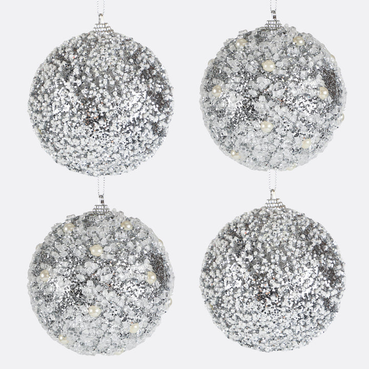 Silver and White Frosted Beaded Bauble - Set of 4 - 10cm