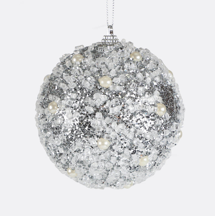 Silver and White Frosted Beaded Bauble - Set of 4 - 10cm