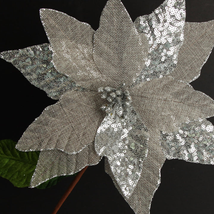 Silver Burlap Sequin Flower with black background