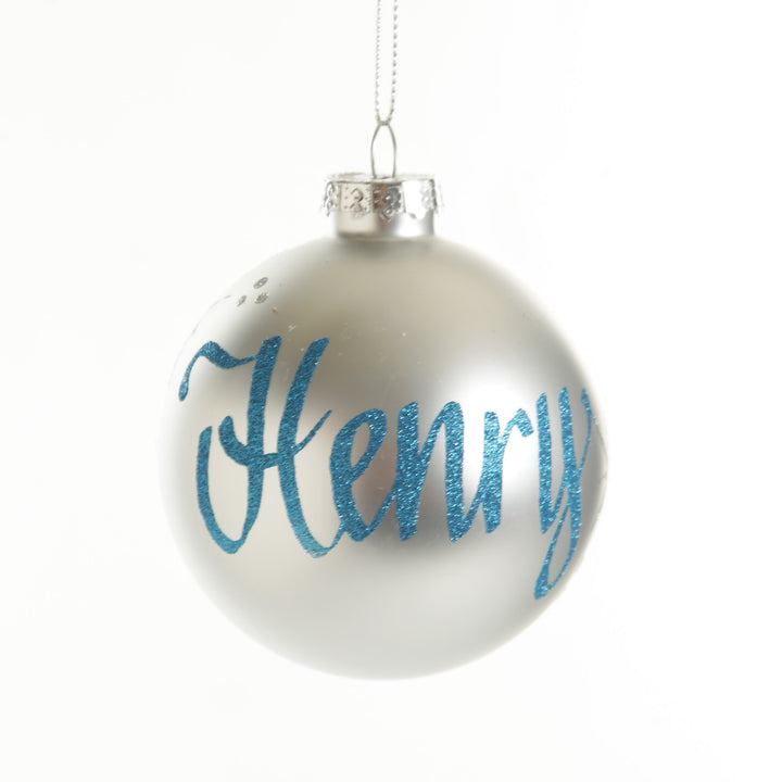 Silver Glass Personalised Christmas Bauble - Blue Glitter