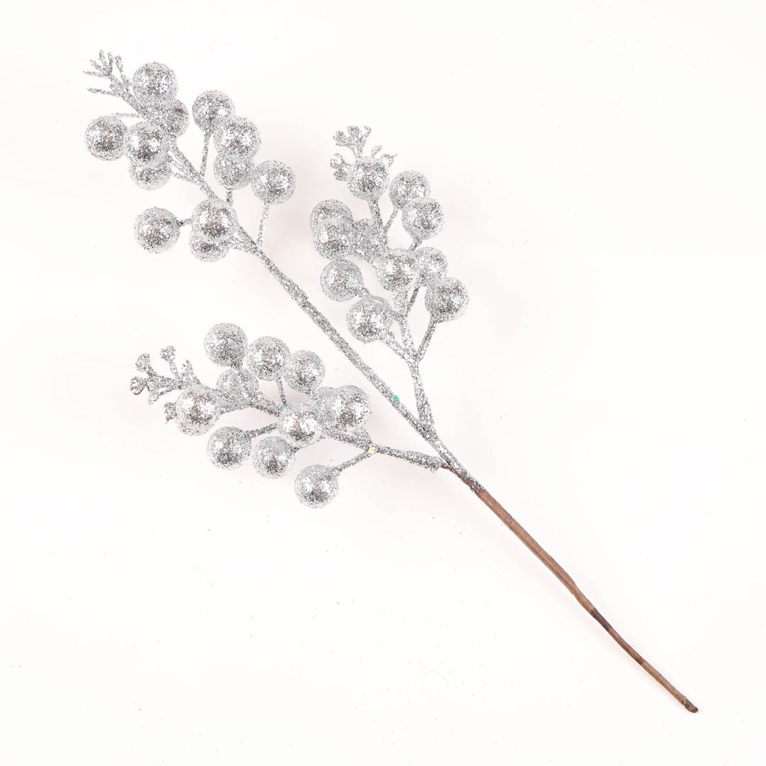 Silver Glitter Berry Pick - 32cm