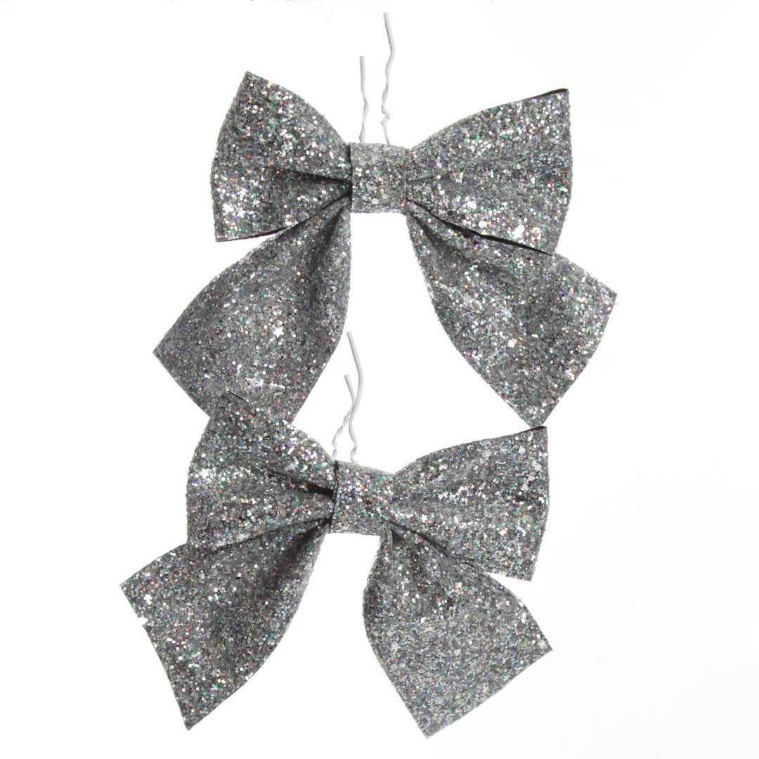 Silver Glitter Bow Clip - Set of 2