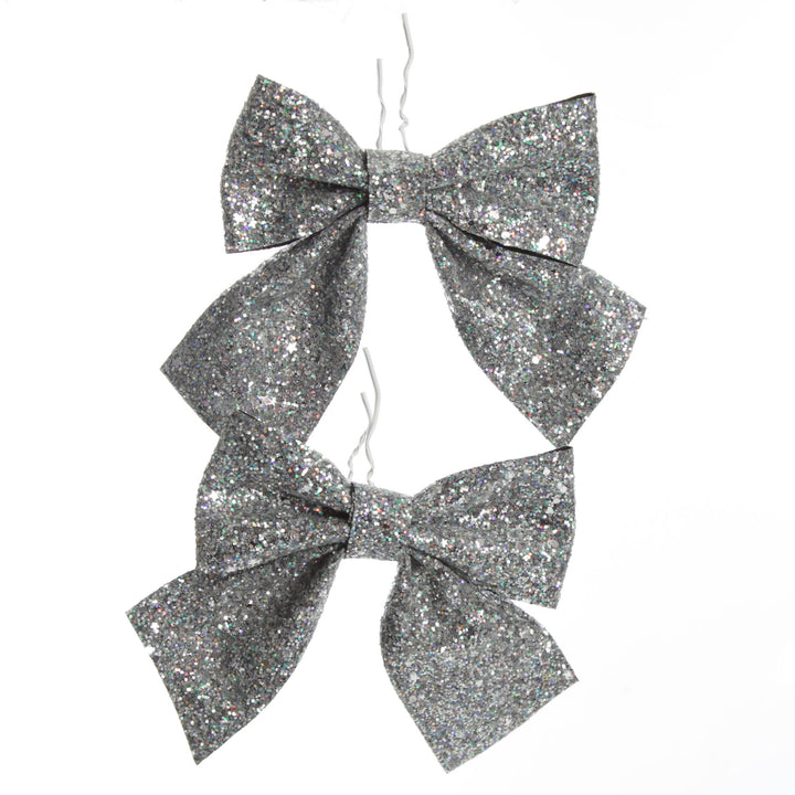 Silver Glitter Bow Clip - Set of 2