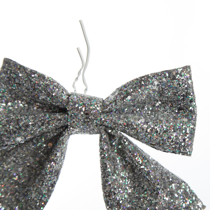 Silver Glitter Bow Clip - Set of 2