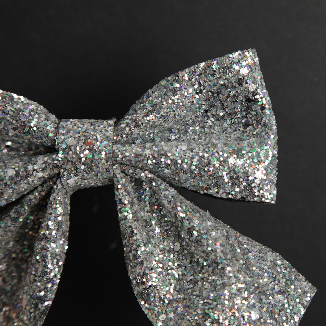 Silver Glitter Bow Clip - Set of 2