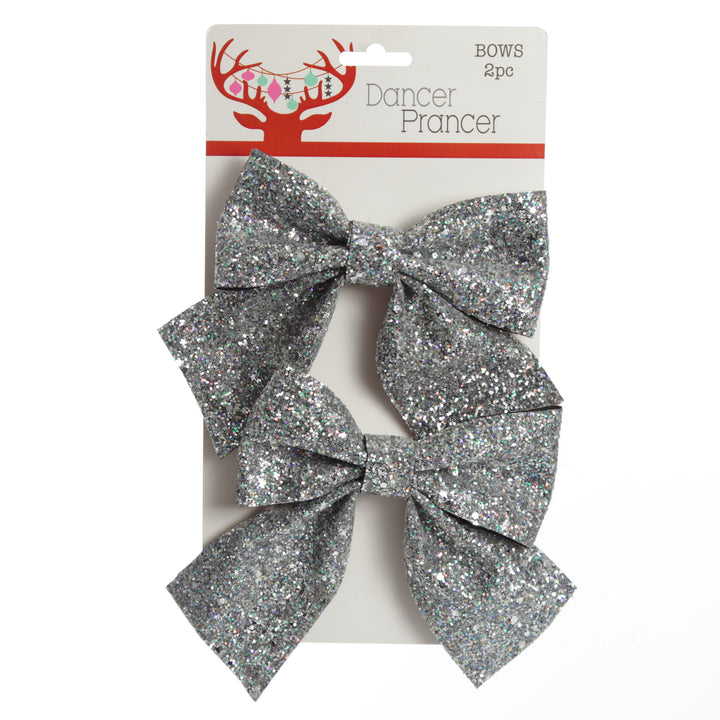 Silver Glitter Bow Clip - Set of 2
