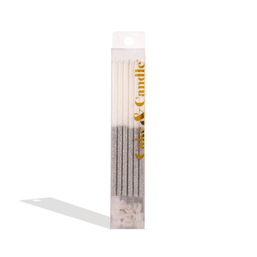 Silver Glitter Dipped White Candles - Pack of 12