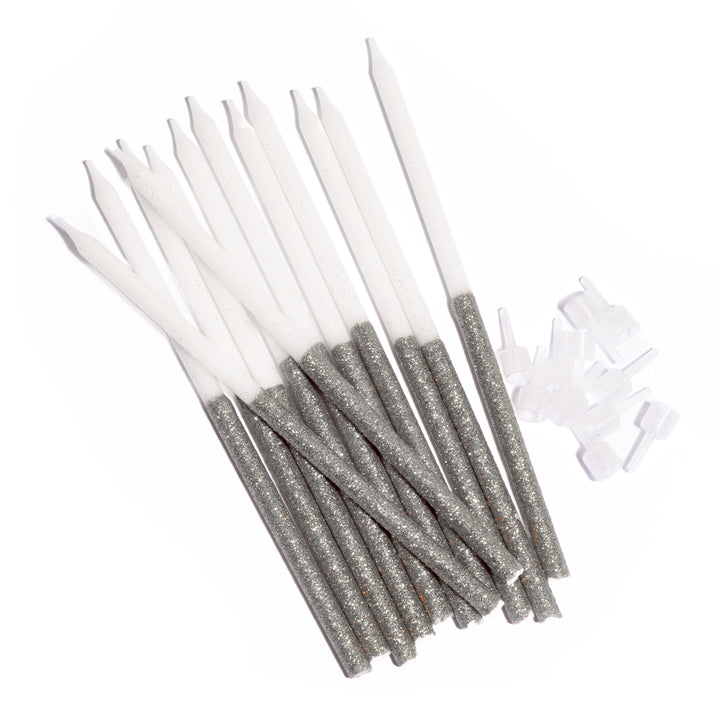 Silver Glitter Dipped White Candles - Pack of 12