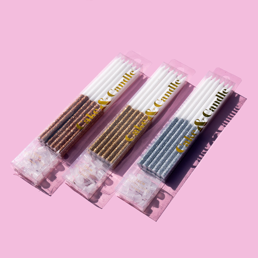 Silver Glitter Dipped White Candles - Pack of 12