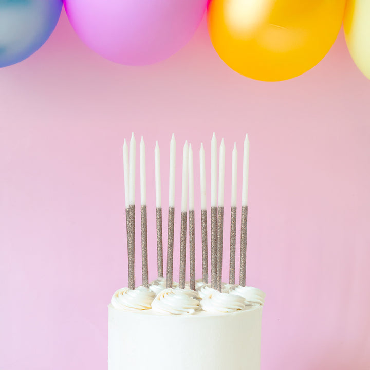 Silver Glitter Dipped White Candles - Pack of 12