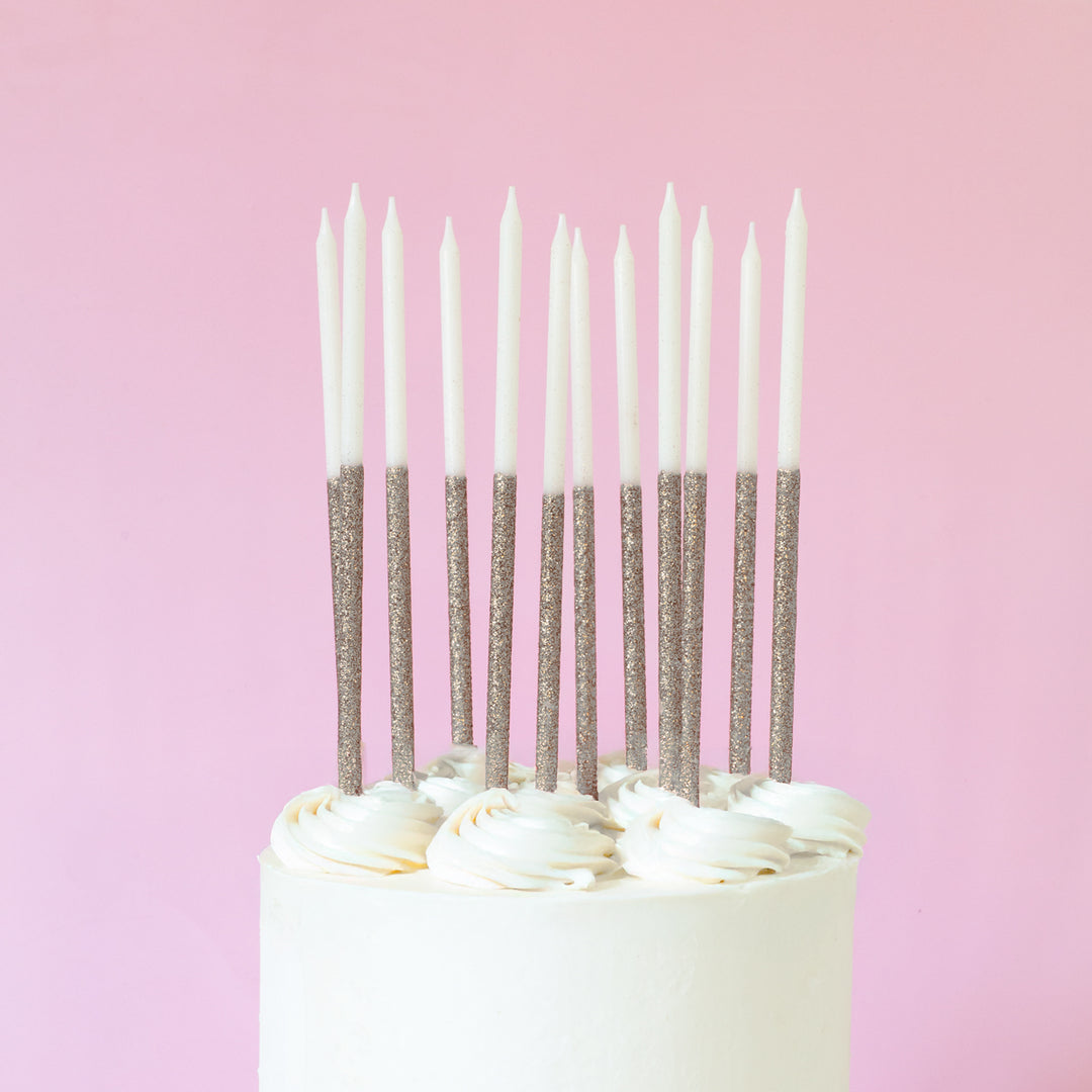 Silver Glitter Dipped White Candles - Pack of 12