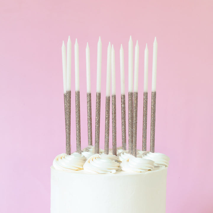 Silver Glitter Dipped White Candles - Pack of 12